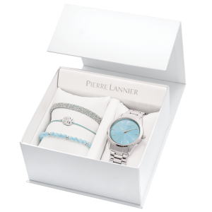 Pierre Lannier - Coffret Montre Roxane métal argenté cadran bleu - Ref 376F661