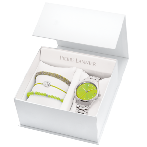Pierre Lannier - Coffret Montre Roxane métal argenté cadran vert - Ref 376F671