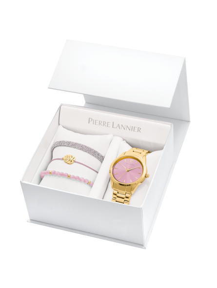 Pierre Lannier - Montre Femme Coffret  Roxane - Cadran rose - Bracelet acier doré - Ref 377F552