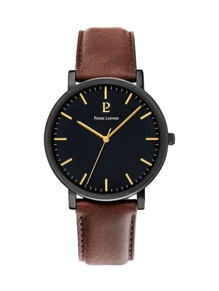 Pierre Lannier - Montre Homme - Essentiel - Cadran noir - Bracelet Cuir brun - Ref 218F434