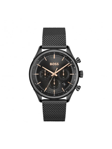 Hugo Boss - Montre Homme - Gregor - Chrono - Cadran Noir - Bracelet Acier Maille Milanaise Noir - Ref 1514065