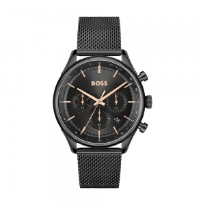 Hugo Boss - Montre Homme - Gregor - Chrono - Cadran Noir - Bracelet Acier Maille Milanaise Noir - Ref 1514065