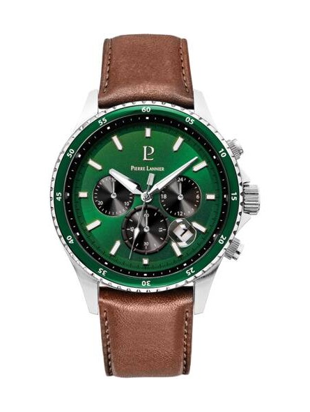 Pierre Lannier - Montre Homme - Cronos - Cadran Vert - Bracelet Cuir Brun - Ref 227G164