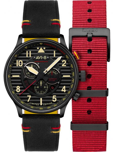 AVI-8 - Montre Homme - Flyboy Spirit Of Tuskegee - Chronographe - bracelets cuir noir et nato nylon rouge - Ref AV-4109-01