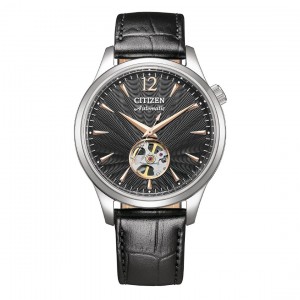 Citizen - Montre Homme - Platform Mechanical Classic Open Heart - cadran noir - bracelet cuir - Ref NH9131-14E