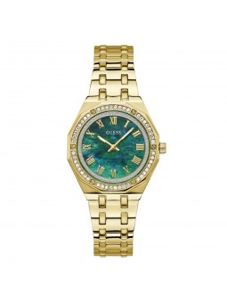 Guess - Montre Femme - Boîtier et bracelet acier doré et strass - cadran vert - Ref GW0770L2