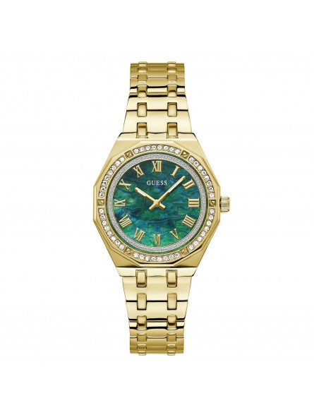 Guess - Montre Femme - Boîtier et bracelet acier doré et strass - cadran vert - Ref GW0770L2