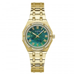 Guess - Montre Femme - Boîtier et bracelet acier doré et strass - cadran vert - Ref GW0770L2