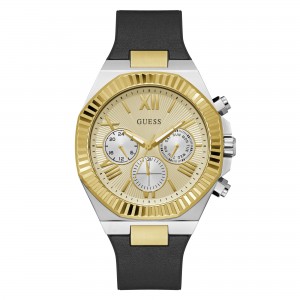 Guess - Montre Homme - Boîtier doré - bracelet silicone noir - Ref GW0791G1