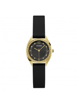 Guess - Montre Femme - Boîtier acier doré et strass - cadran noir - bracelet silicone - Ref GW0820L1