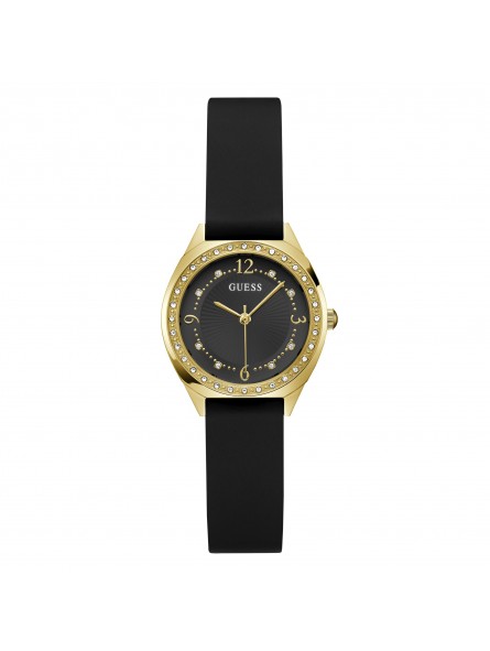 Guess - Montre Femme - Boîtier acier doré et strass - cadran noir - bracelet silicone - Ref GW0820L1