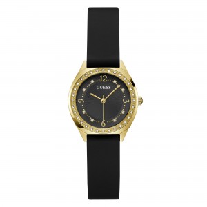 Guess - Montre Femme - Boîtier acier doré et strass - cadran noir - bracelet silicone - Ref GW0820L1