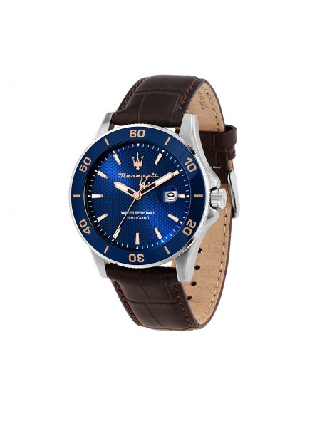 Maserati - Montre Homme - Competizione 43mm - Cadran bleu - Bracelet cuir brun - Ref R8851100004