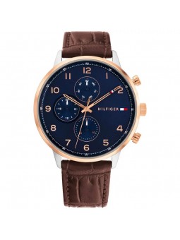 Tommy Hilfiger - Montre Homme - Leonard - Multifonction - Cadran Bleu - Bracelet Cuir De Veau Marron - Ref 1791987