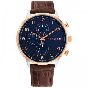 Tommy Hilfiger - Montre Homme - Leonard - Multifonction - Cadran Bleu - Bracelet Cuir De Veau Marron - Ref 1791987