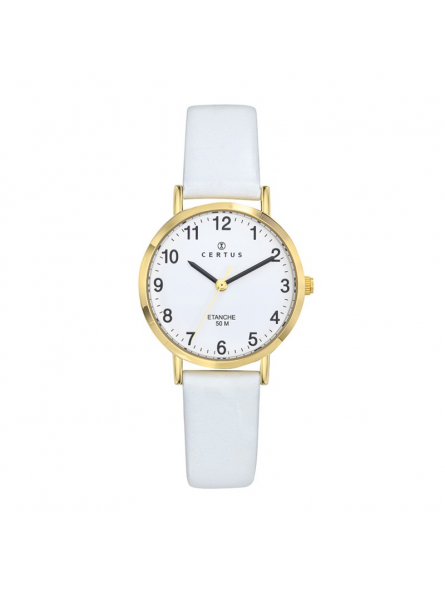 Certus - Montre acier doré et bracelet cuir blanc - Ref 646587