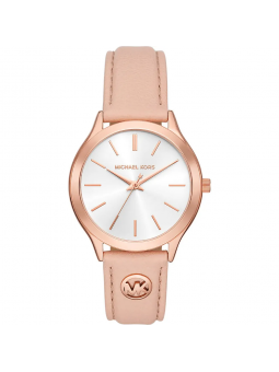 Michael Kors - Montre Slim runway blanc et bracelet en cuir rose - Ref MK7467