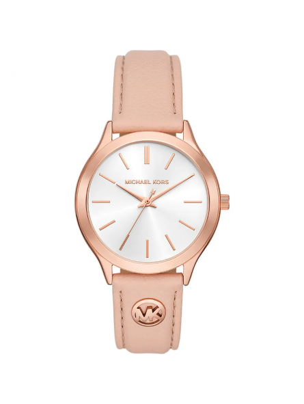 Michael Kors - Montre Slim runway blanc et bracelet en cuir rose - Ref MK7467