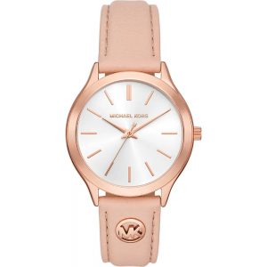 Michael Kors - Montre Slim runway blanc et bracelet en cuir rose - Ref MK7467