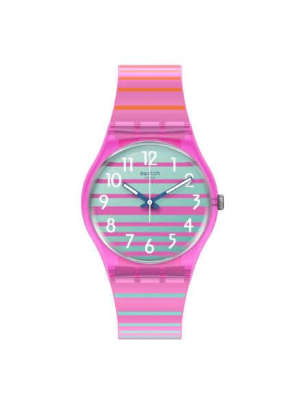 Swatch - Montre electrifying summer et bracelet en silicone rayé rose - Ref SO28P105