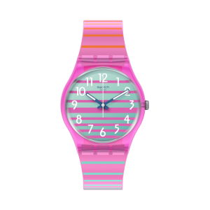 Swatch - Montre electrifying summer et bracelet en silicone rayé rose - Ref SO28P105