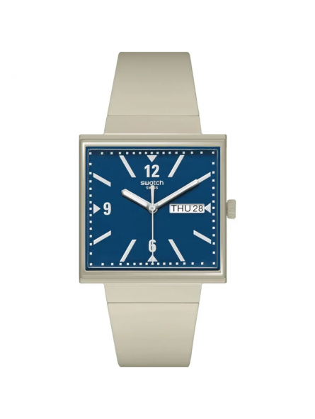 Swatch - Montre What if beige cadran bleu et bracelet en silicone beige - Ref SO34T700