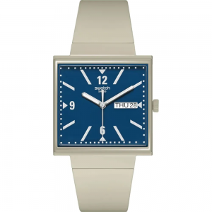 Swatch - Montre What if beige cadran bleu et bracelet en silicone beige - Ref SO34T700
