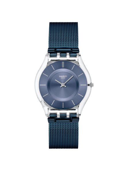 Swatch - Montre cool skies bleu et transparent et bracelet en acier mailles milanaises bleues - Ref SS08K120M