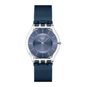Swatch - Montre cool skies bleu et transparent et bracelet en acier mailles milanaises bleues - Ref SS08K120M