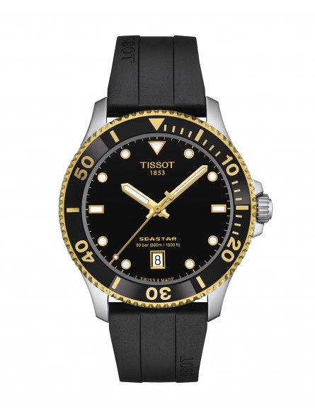 Tissot - Montre Seastar 1000 PVD or jaune et bracelet caoutchouc noir - Ref T1204102705100
