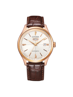 Citizen - Montre Crystal Seven Mechanical beige acier doré rose et bracelet en cuir - Ref NH8393-05AE