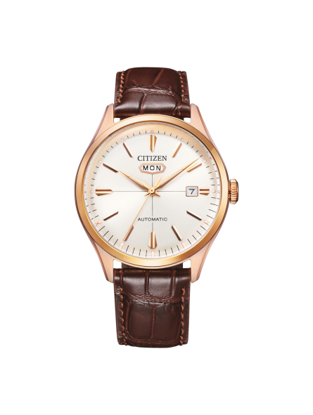 Citizen - Montre Crystal Seven Mechanical beige acier doré rose et bracelet en cuir - Ref NH8393-05AE