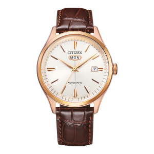 Citizen - Montre Crystal Seven Mechanical beige acier doré rose et bracelet en cuir - Ref NH8393-05AE