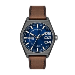 Diesel - Montre Homme Scraper - Bracelet Cuir Marron - Cadran bleu - Ref DZ2189