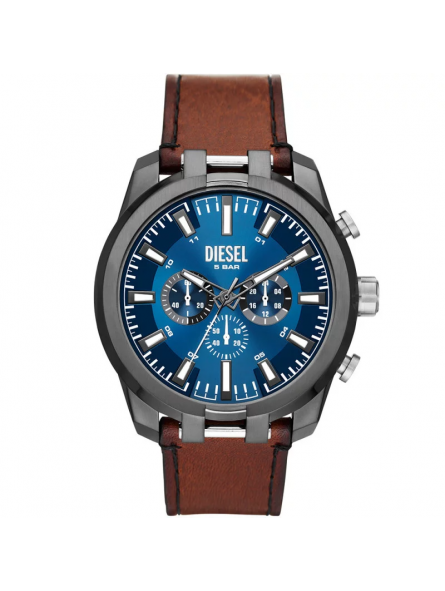 Diesel - Montre Homme Split - Bracelet Cuir Marron - Cadran bleu - Ref DZ4643