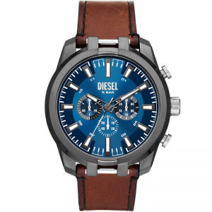 Diesel - Montre Homme Split - Bracelet Cuir Marron - Cadran bleu - Ref DZ4643