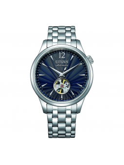 Citizen - Montre Platform Mechanical Classic - cadran bleu coeur ouvert - Ref NH9131-73L