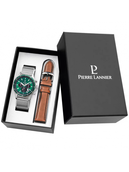Pierre Lannier - Coffret Montre Cronos 2 bracelets, acier Milanais et Cuir marron - Ref 440D164