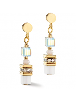 Coeur de Lion - Boucles d'oreilles Geocube acier doré cristaux blanc - Ref 4565/21-1416