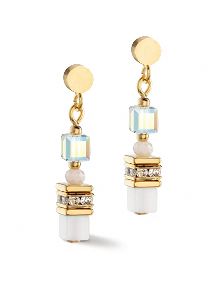 Coeur de Lion - Boucles d'oreilles Geocube acier doré cristaux blanc - Ref 4565/21-1416