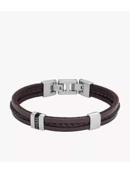 Fossil - Bracelet Leather Essentials Homme - Acier Argenté et Cuir Marron - Ref JF04133040