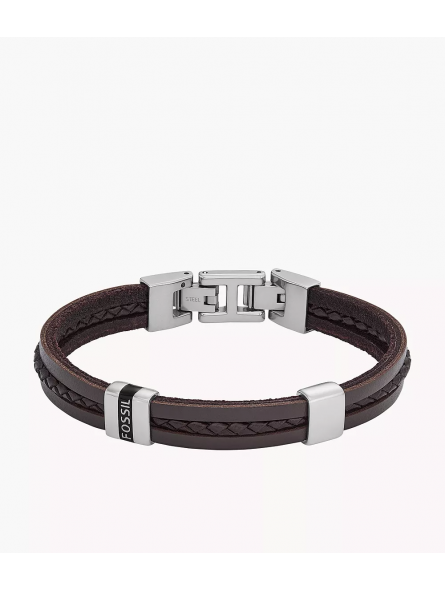 Fossil - Bracelet Leather Essentials Homme - Acier Argenté et Cuir Marron - Ref JF04133040