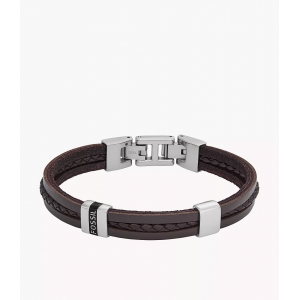 Fossil - Bracelet Leather Essentials Homme - Acier Argenté et Cuir Marron - Ref JF04133040