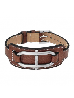 Fossil - Bracelet D-Link Homme - Acier Argenté et Cuir Marron - Ref JF04398040