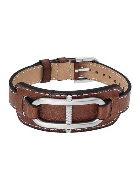 Fossil - Bracelet D-Link Homme - Acier Argenté et Cuir Marron - Ref JF04398040