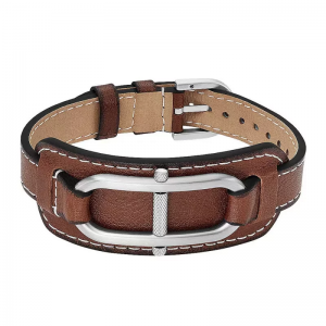 Fossil - Bracelet D-Link Homme - Acier Argenté et Cuir Marron - Ref JF04398040