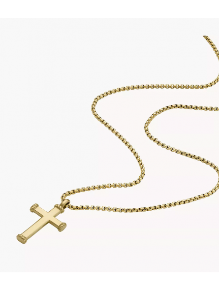 Fossil - Collier chaine all stacked up croix acier doré - Ref JF04701710