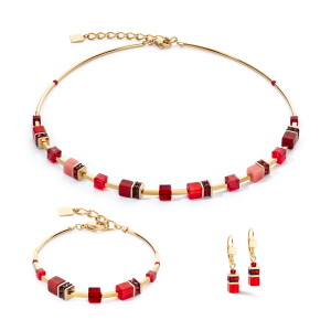 Coeur de Lion - Parure GéoCube acier doré et cristaux rouges - Réf 2800/50-0300