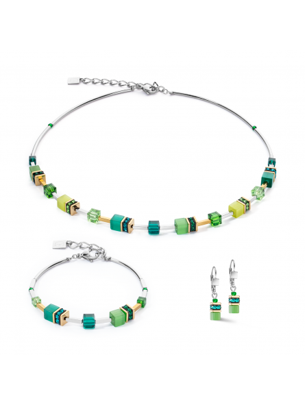 Coeur de Lion - Parure GéoCube acier doré et cristaux verts - Réf 2800/50-0500