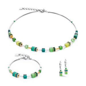 Coeur de Lion - Parure GéoCube acier doré et cristaux verts - Réf 2800/50-0500